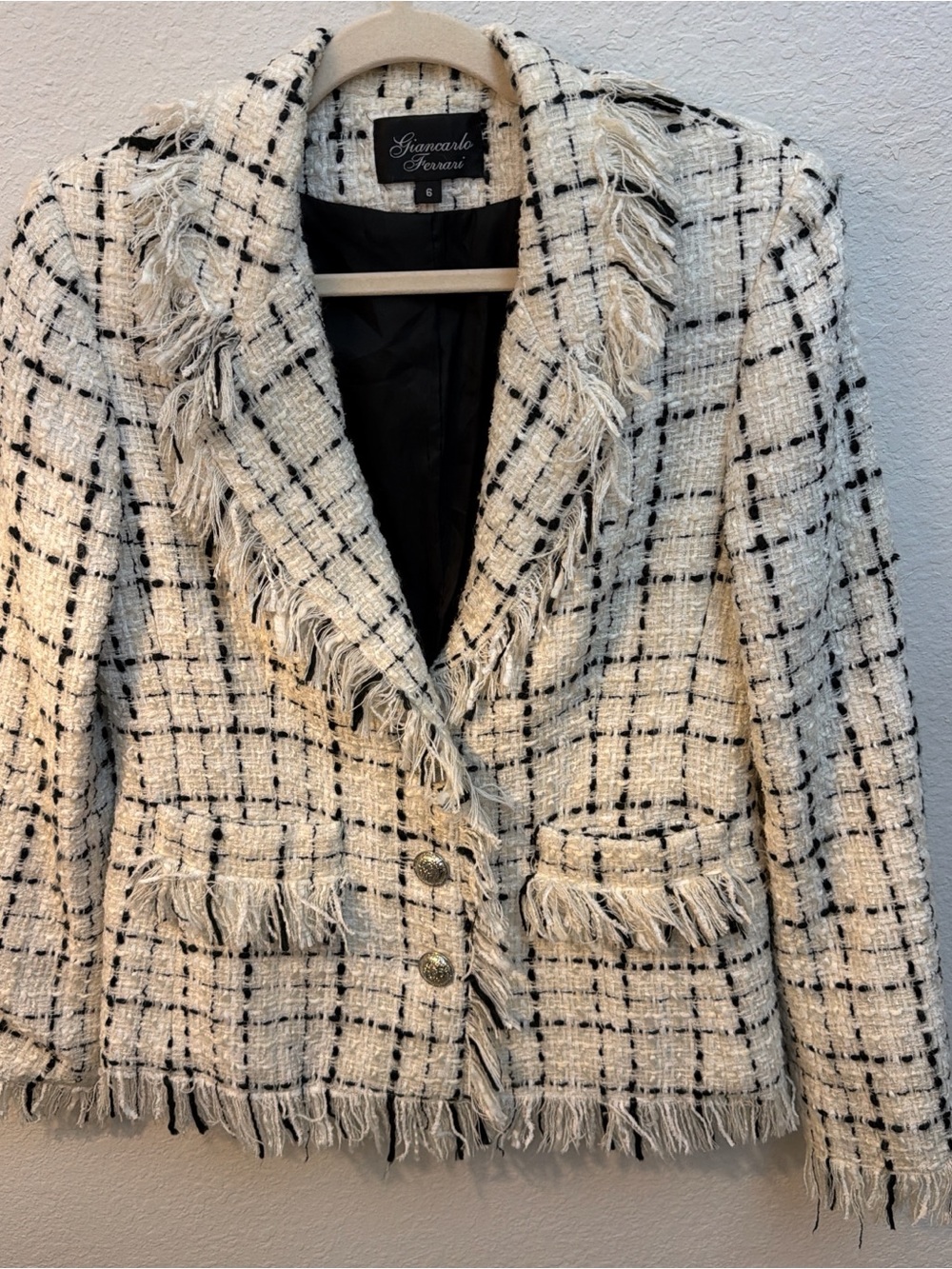 Giancarlo Ferrari Cream and Black Tweed Fringe Blazer